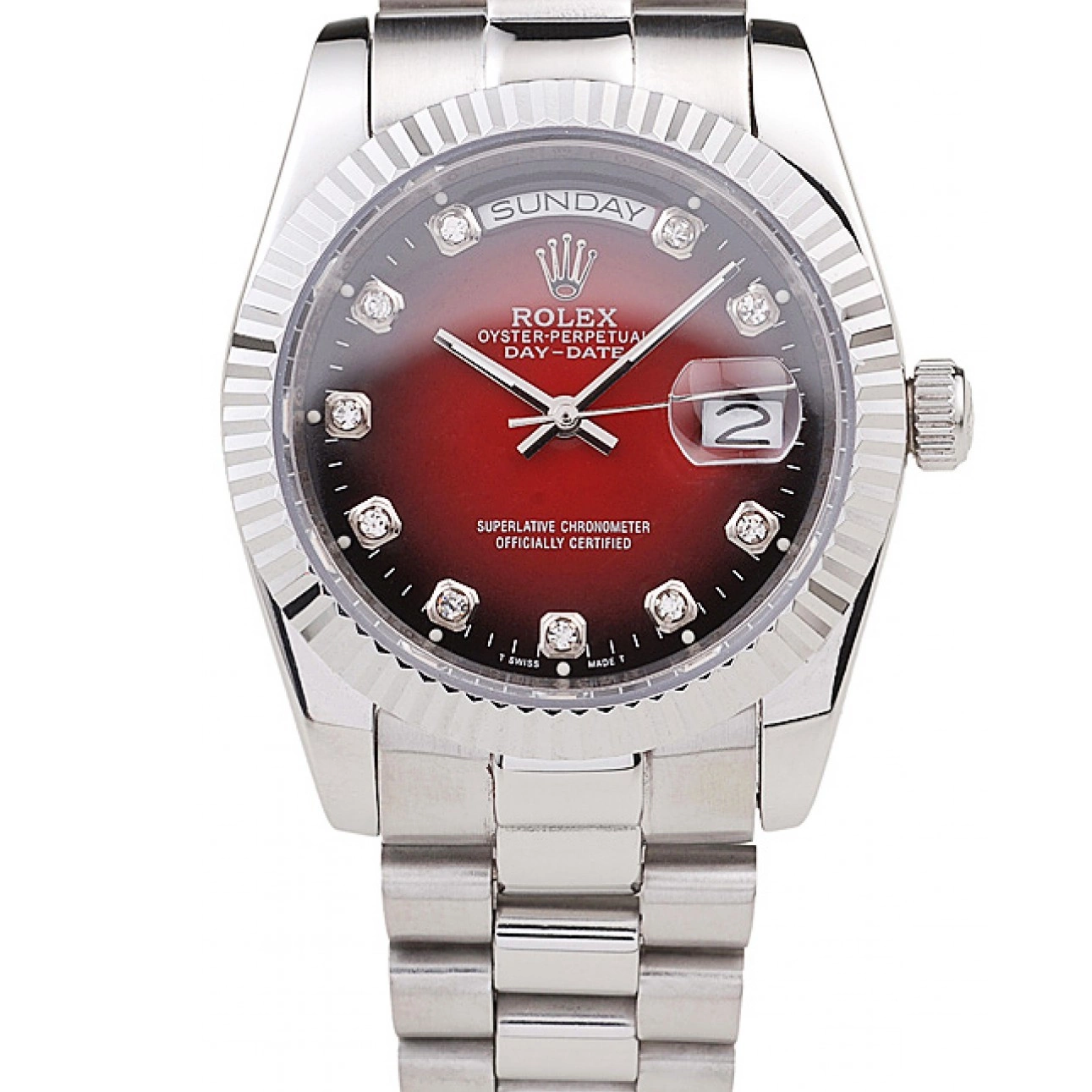 Tone Stainless Two Rolex Day-Date Steel Polished Red Dial 0731